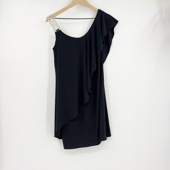 Betsy & Adam Black Cocktail Dress 4 Embellished Shoulder Party Formal - Picture 2 of 7